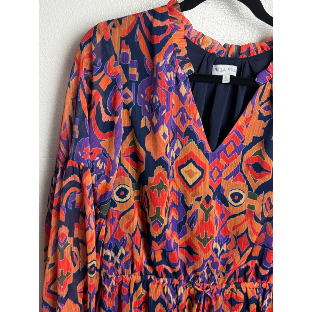 Willa Story Long Sleeve Dress Orange Purple Ikat Print size Large - Picture 10 of 12